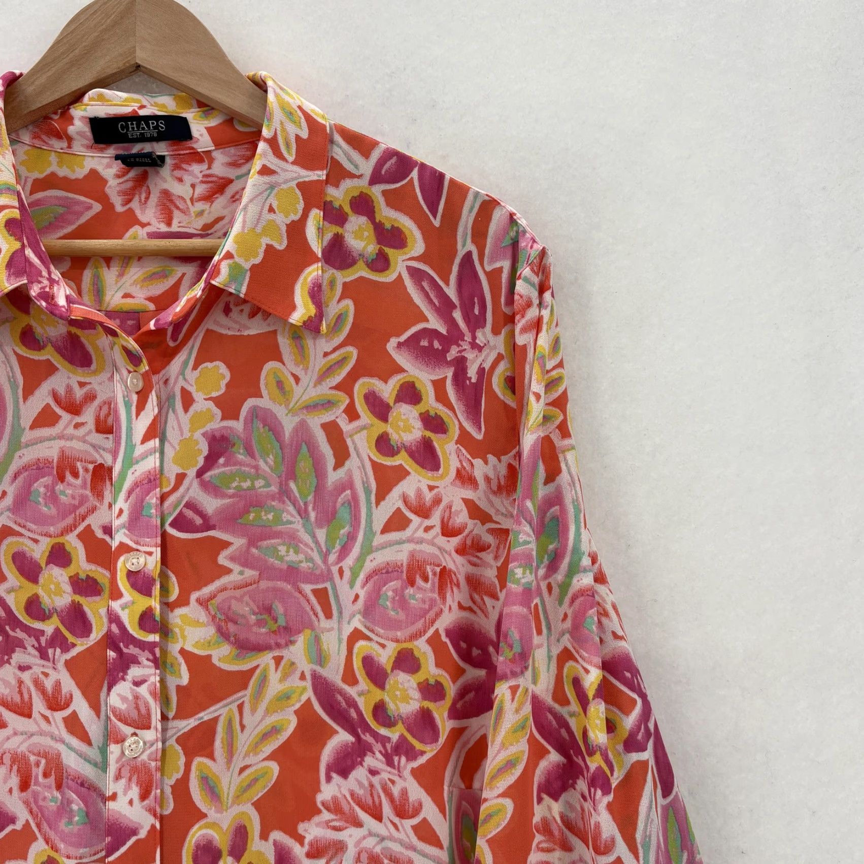 Chaps Chaps Shirt Womens 2X Plus Orange Pink Floral Button Front Long Sleeve Top Boho Size XXL / US 16-18 / IT 52-54 - 2 Thumbnail