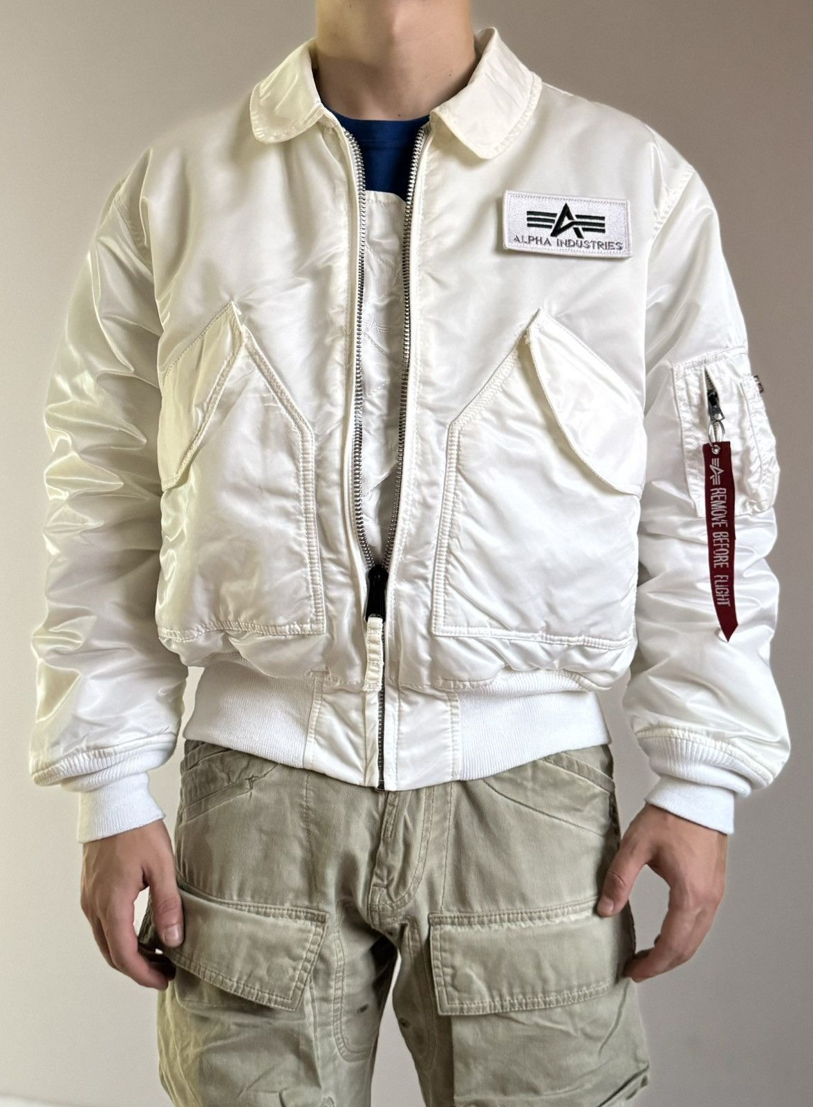 ALPHA 80s CWU-45 フライトジャケット USA製 ホワイト USA Made CWU-45P Alpha Industries US Army Flight Military Bomber