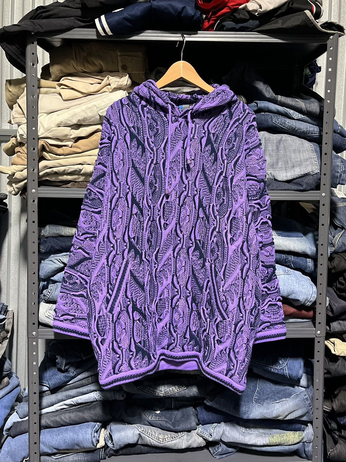 image of Crazy Vintage 90's Coogi Hooded Sweater 3D Art Knit Cosby in Purple, Men's (Size XL)