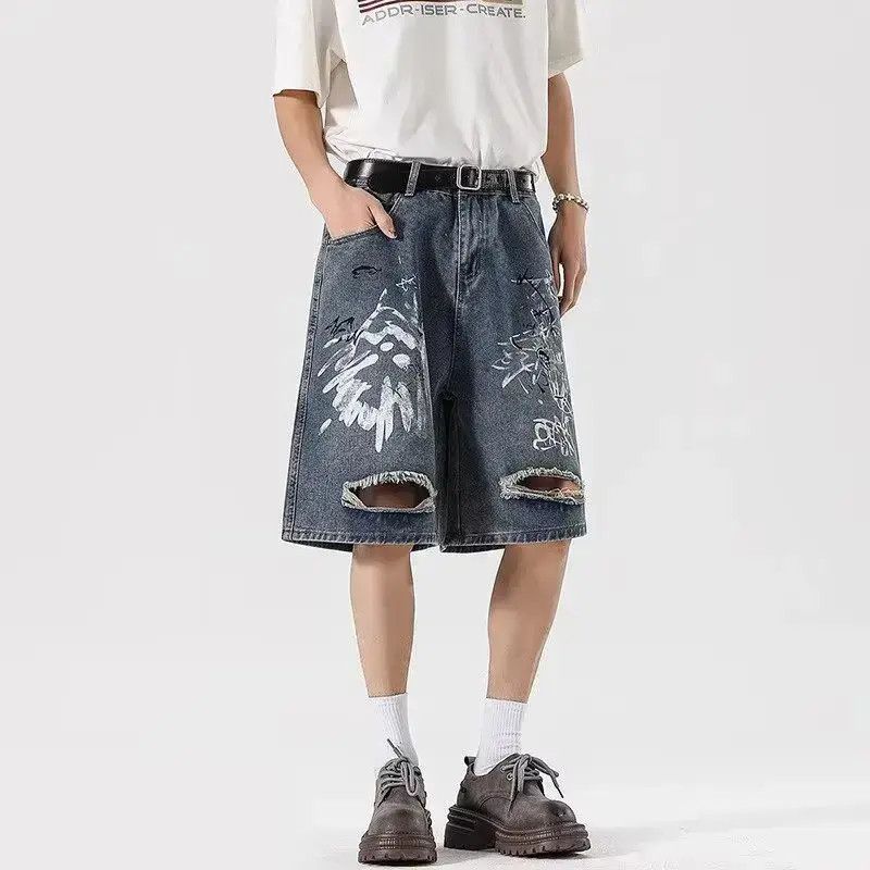 Japanese Brand Retro loose ripped graffiti denim shorts Size US 32 / EU 48 - 1 Thumbnail