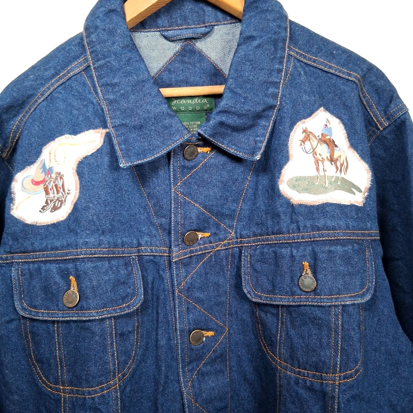 Vintage VINTAGE Scandia Woods Jean Jacket Men XL Western Wear Trucker Style Denim Blue Cowboy Ranch Upcycled Patchwork Pockets Collared Short Jacket Size US 36 / EU 52 - 7 Thumbnail