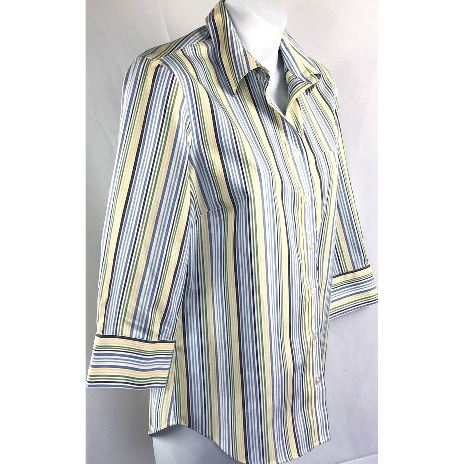 Lands' End Lands' End Top 4 Blue/green Stripe ButtonUp Oxford 3/4Sleeve Preppy Career Office Blouse Womens Size S / US 4 / IT 40 - 2 Thumbnail