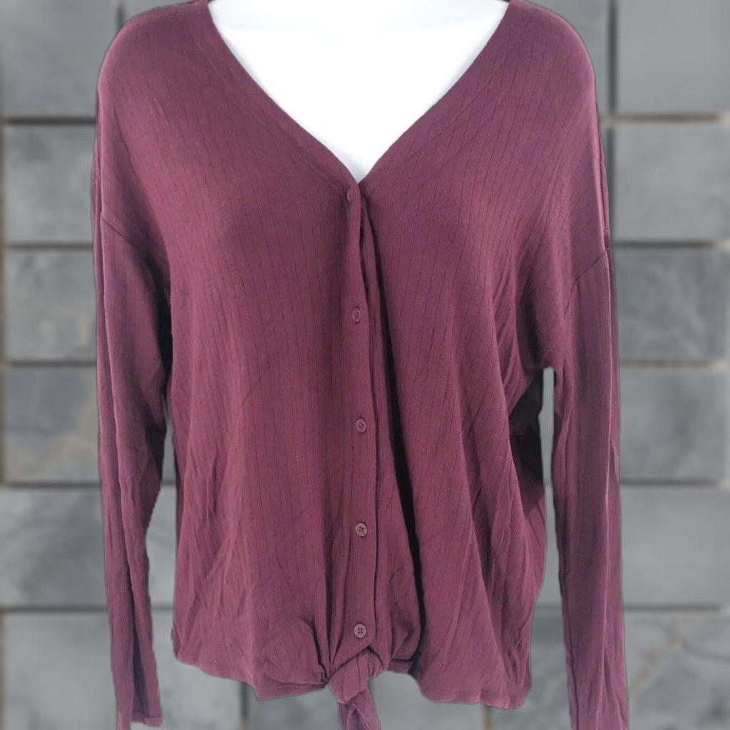 Vintage 14th Union Shirt Petite PS Burgundy Long Sleeve Ribbed Tie Front V-Neck Top Size S / US 4 / IT 40 - 1 Thumbnail