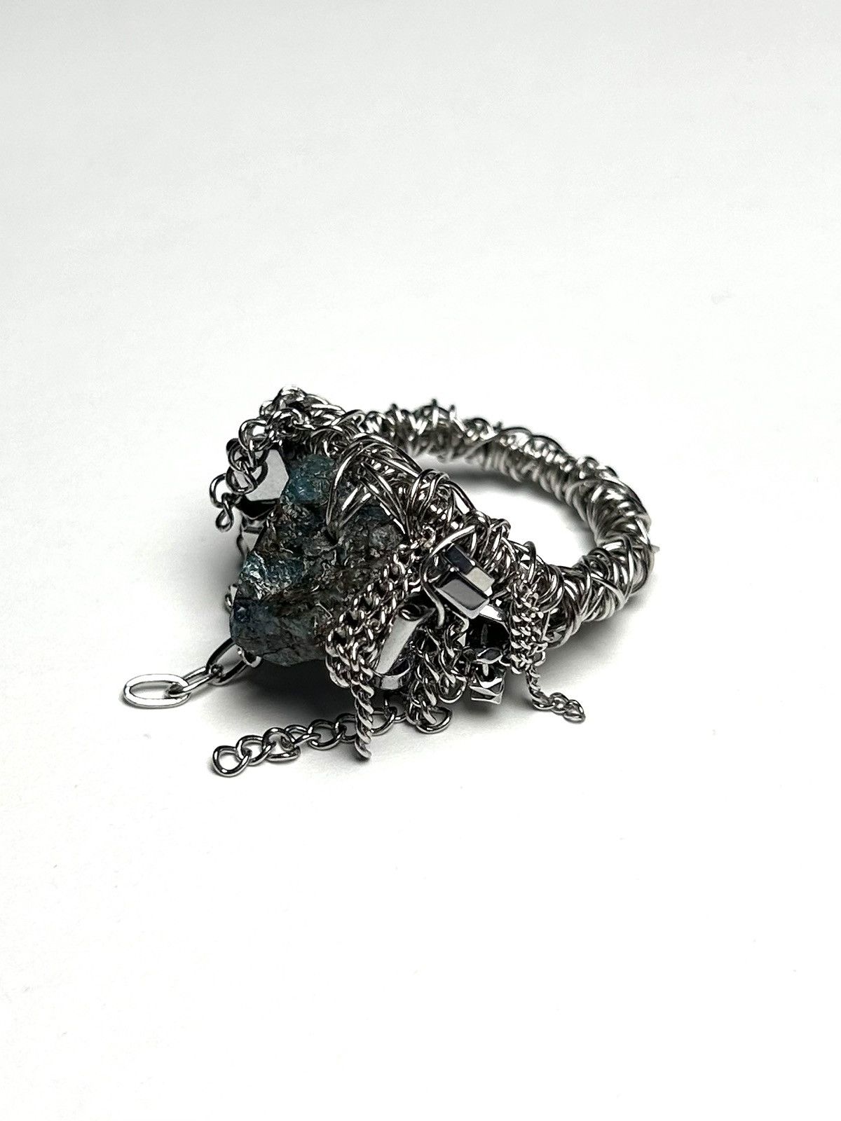 Seditionaries Handmade Stainless Steel Ring with Raw Apatite and Chains Size ONE SIZE - 2 Thumbnail