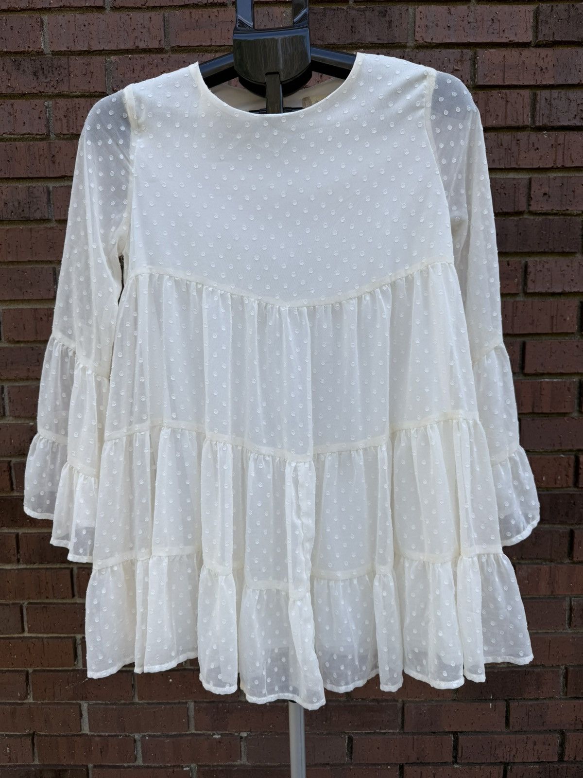 Other Altar'd State Mini Dress Sheer Ivory Swiss Dot Tiered Bell Size XS / US 0-2 / IT 36-38 - 2 Thumbnail