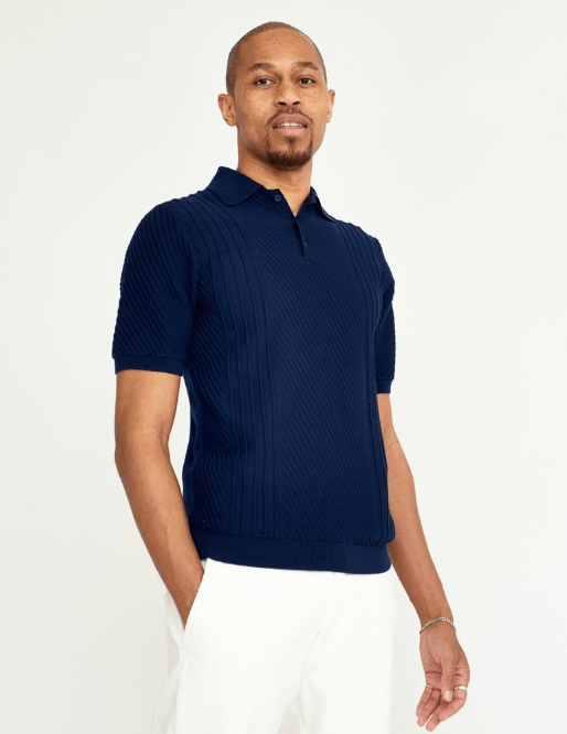 Wax London Wax London Naples Knit Polo Shirt Navy Ribbed SS Cuffs Size US S / EU 44-46 / 1 - 1 Thumbnail