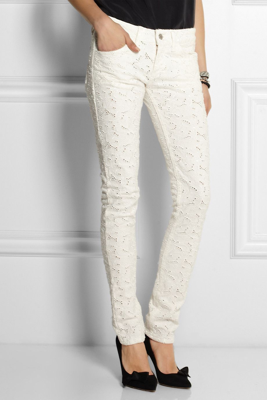 image of Hype x Isabel Marant Etoile Luxury Cotton Broderie Lace Jeans in White, Women's (Size 27)