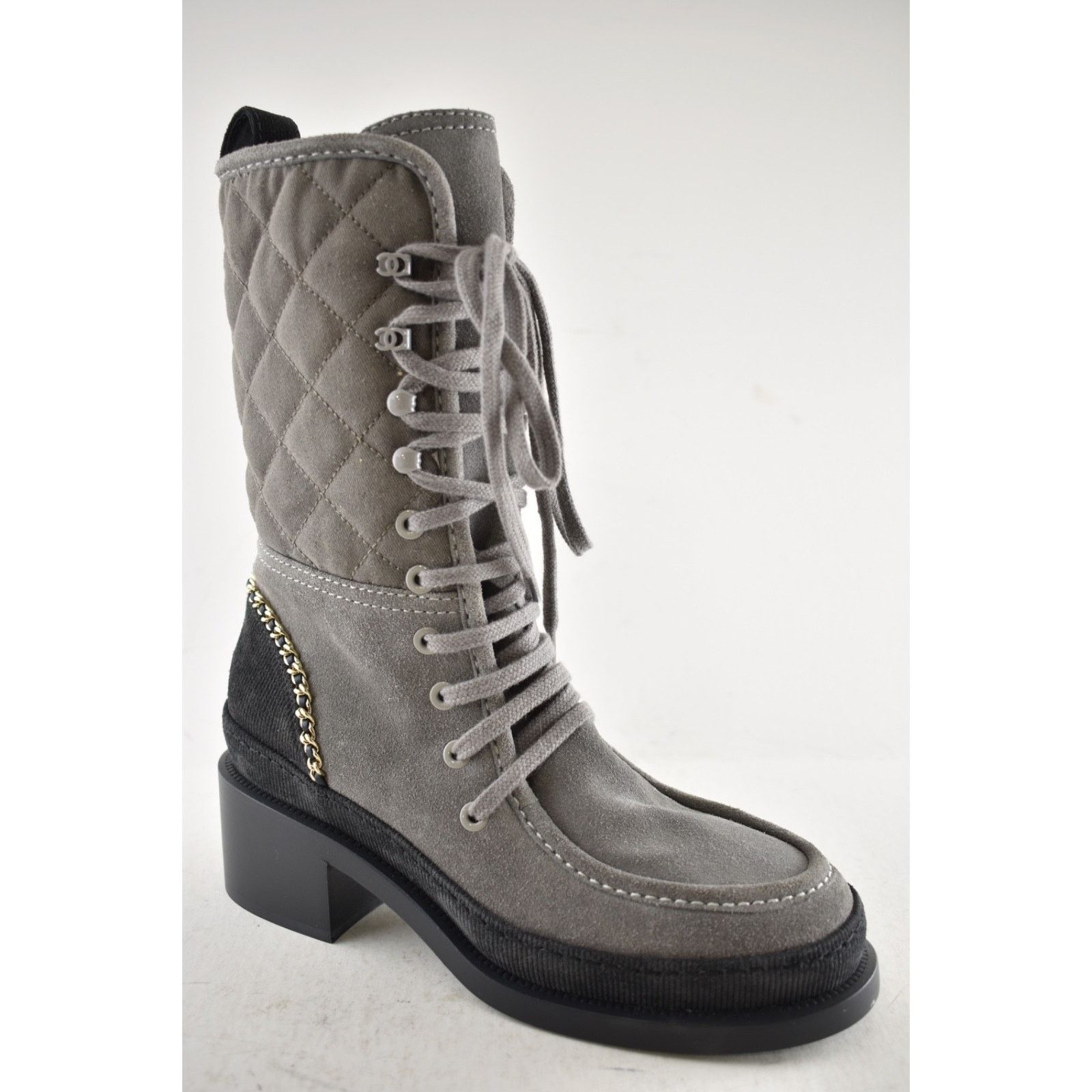 Chanel Chanel 24K Grey Quilted Suede Chain CC Combat Boots 36 Size US 6 / IT 36 - 4 Thumbnail