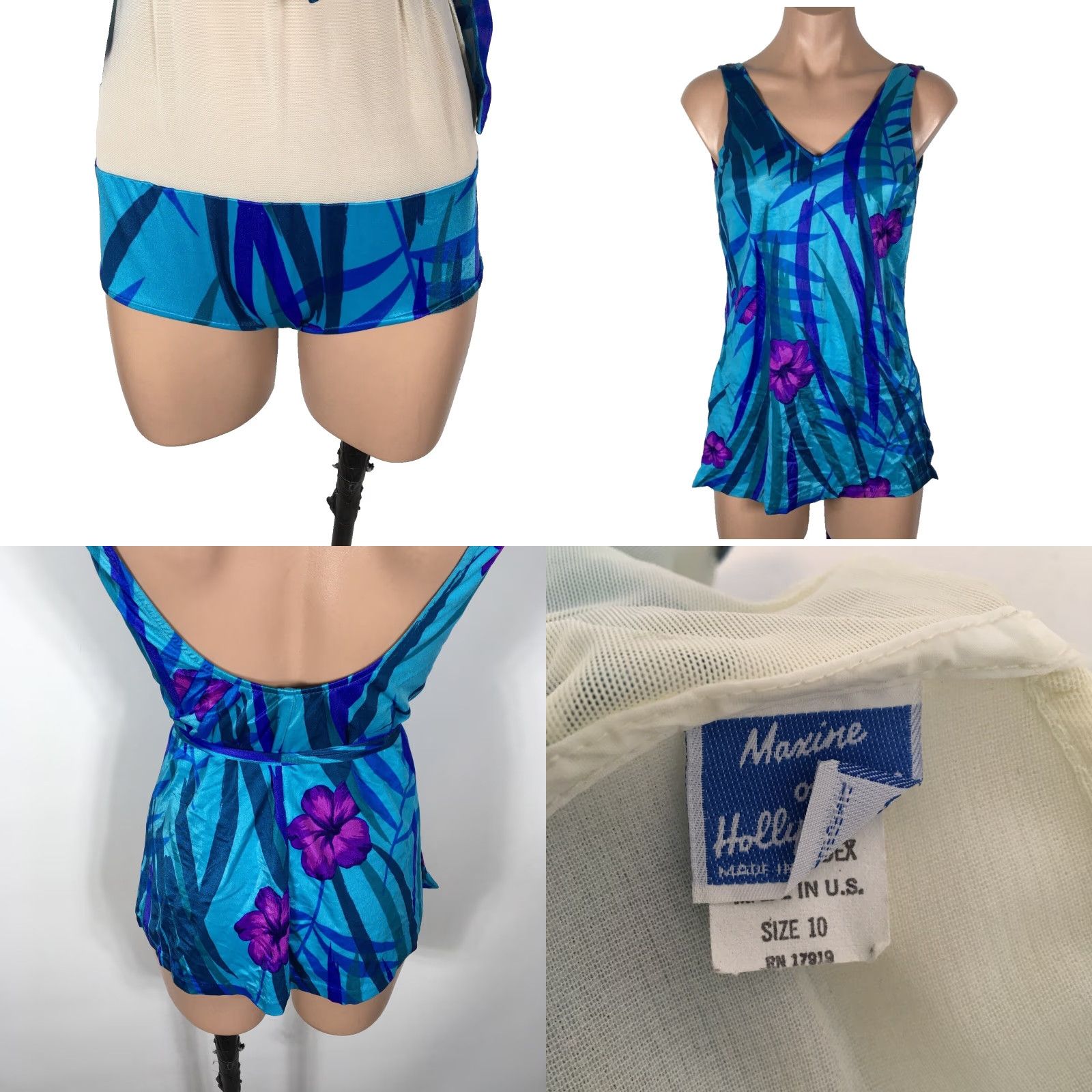 VINTAGE Maxine of Hollywood One Piece Swimdress Navy Purple Floral Swimsuit Sz 10 Women