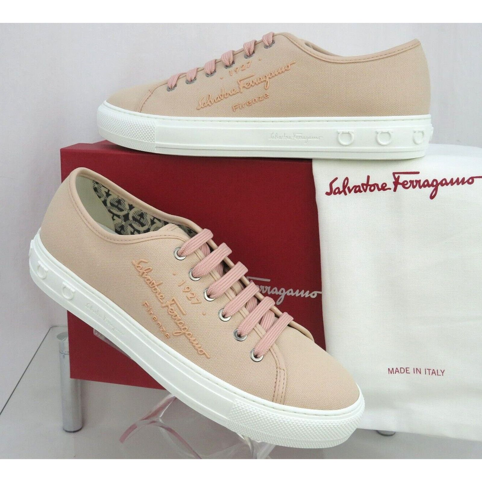 Salvatore Ferragamo MEDITERR PINK LEMONADE CANVAS LEATHER TRIM LOGO SNEAKERS 9 C Size US 9 / IT 39 - 3 Thumbnail