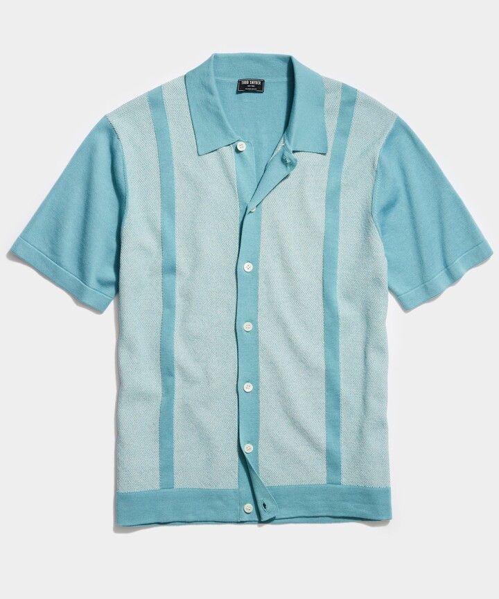 Todd Snyder Silk Cotton Small Tonal Full Placket Polo Aqua Size US M / EU 48-50 / 2 - 1 Thumbnail