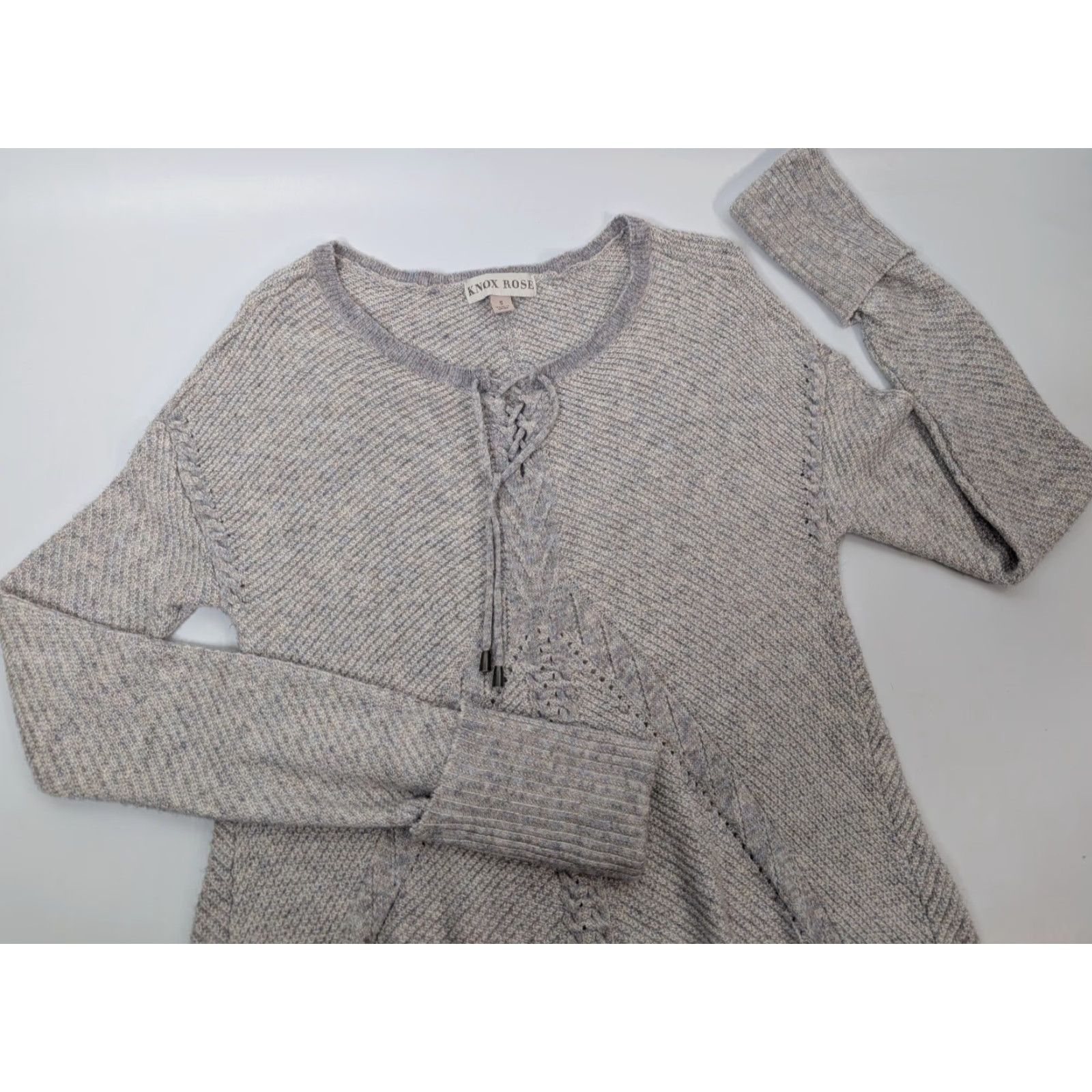 Vintage Knox Rose Top Shirt Sweater Women's Small Gray Tie Neck Waffle Knit Cottagecore Size S / US 4 / IT 40 - 2 Thumbnail