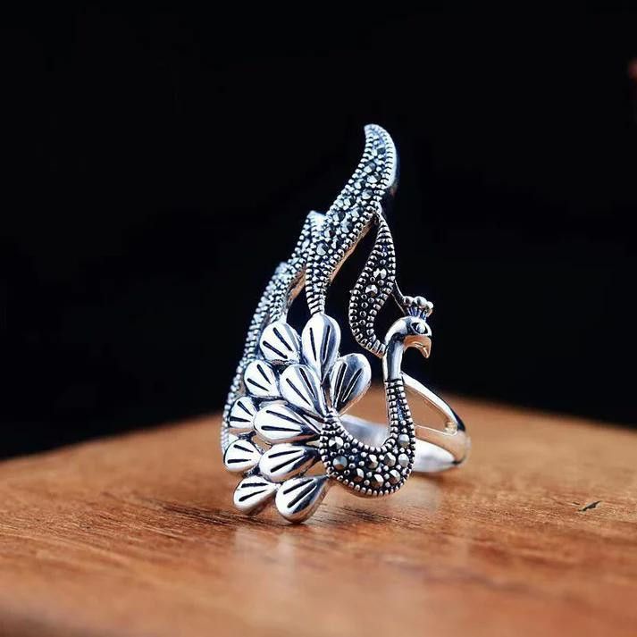 Designer Retro Peacock Animal Feather Antique Silver Ring - Size 6 Size ONE SIZE - 1 Thumbnail