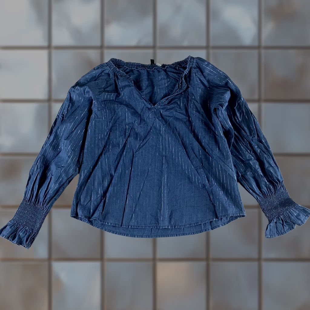 White House Black Market WHBM BLOUSE Women SP Blue Baloon Sleeves V-Neck Metallic Striped Cotton Boho Womens Dress Size S / US 4 / IT 40 - 1 Thumbnail