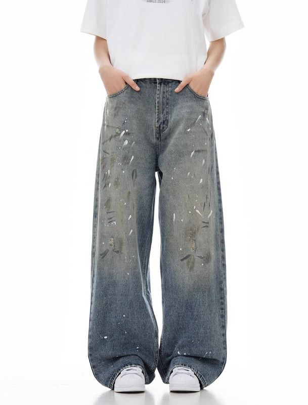 Vintage American street retro washed distressed loose splatter jeans Size US 32 / EU 48 - 1 Thumbnail