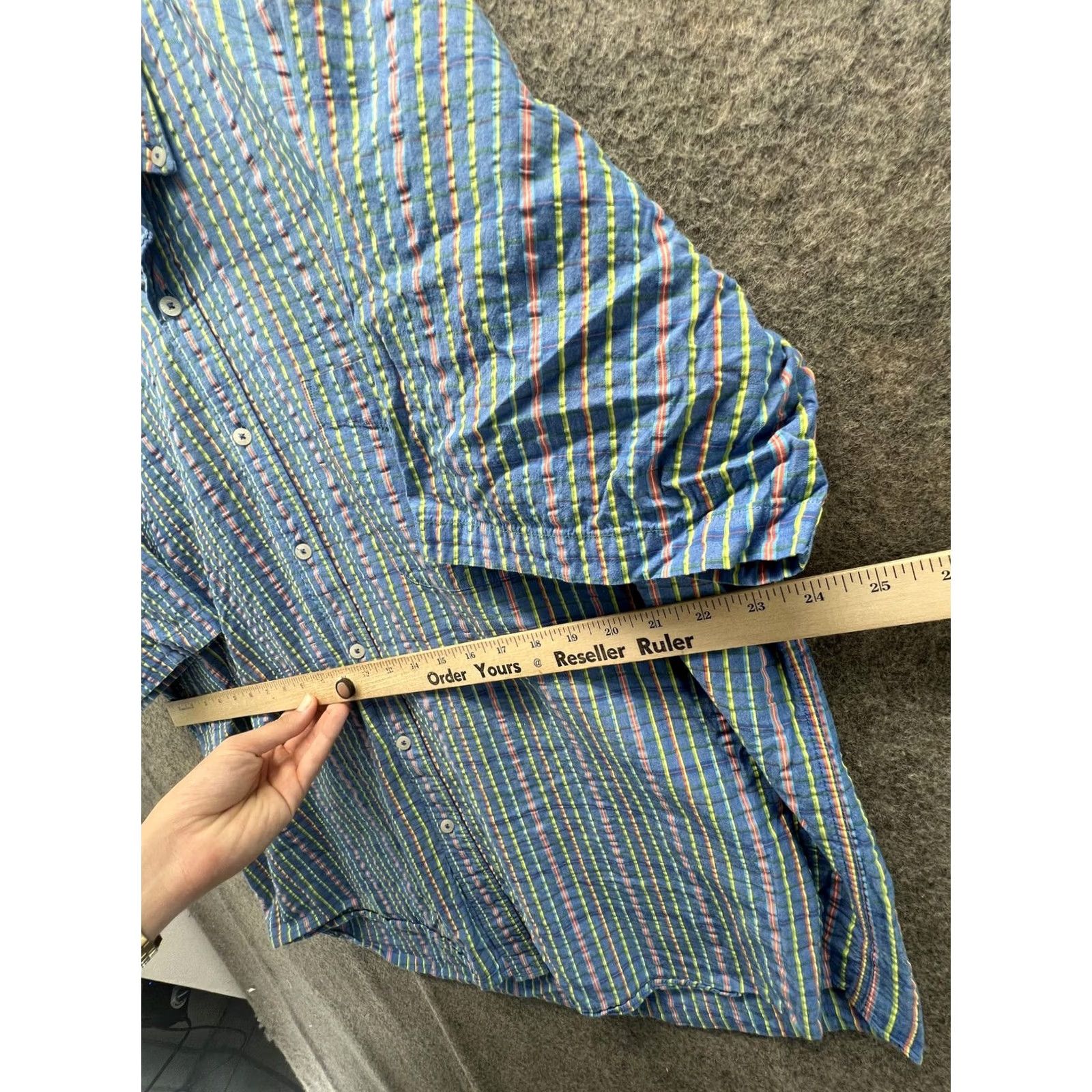 Vintage Alan Flusser Shirt Mens XL Blue Striped Short Sleeve Button Front Cotton Oxford Seersucker Casual Size US XL / EU 56 / 4 - 2 Thumbnail