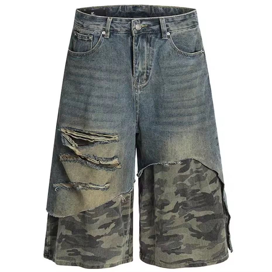 Other Patchwork Camouflage Hole Loose Jeans Retro Shorts Size US 33 - 1 Thumbnail