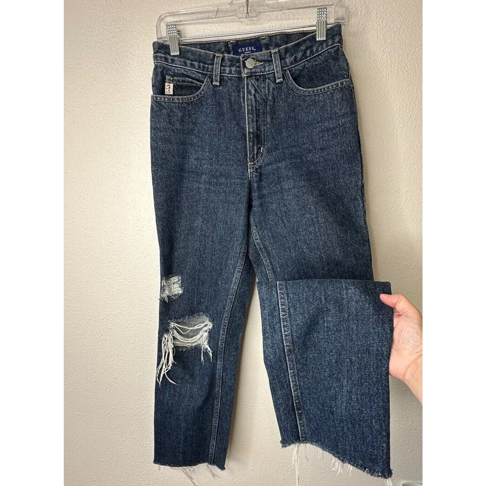 Guess Guess Dark Blue Wash Distressed Slim Leg Raw Hem Denim Jeans Size 28" / US 6 / IT 42 - 3 Thumbnail