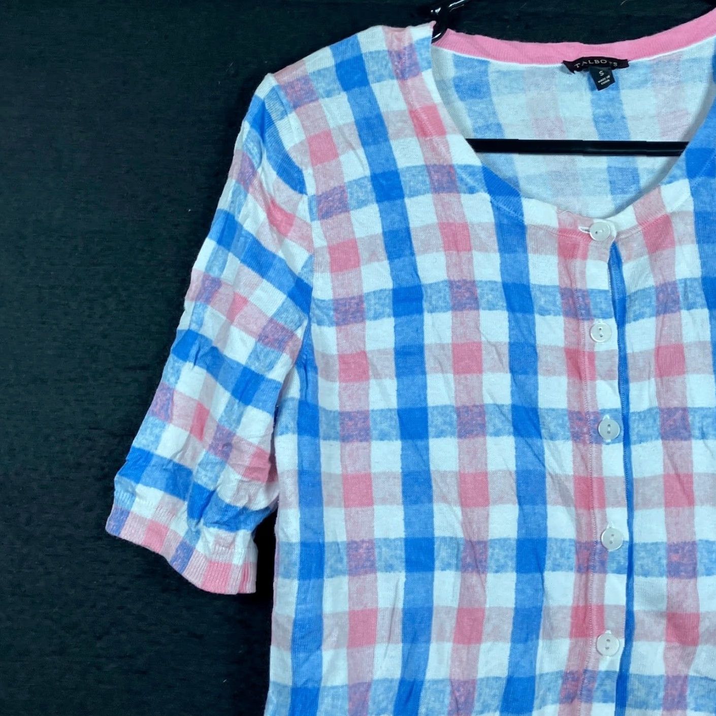 Talbots Talbots Womens Sweater White Plaid Short Sleeve Button Down Cotton Blend S Size S / US 4 / IT 40 - 4 Thumbnail