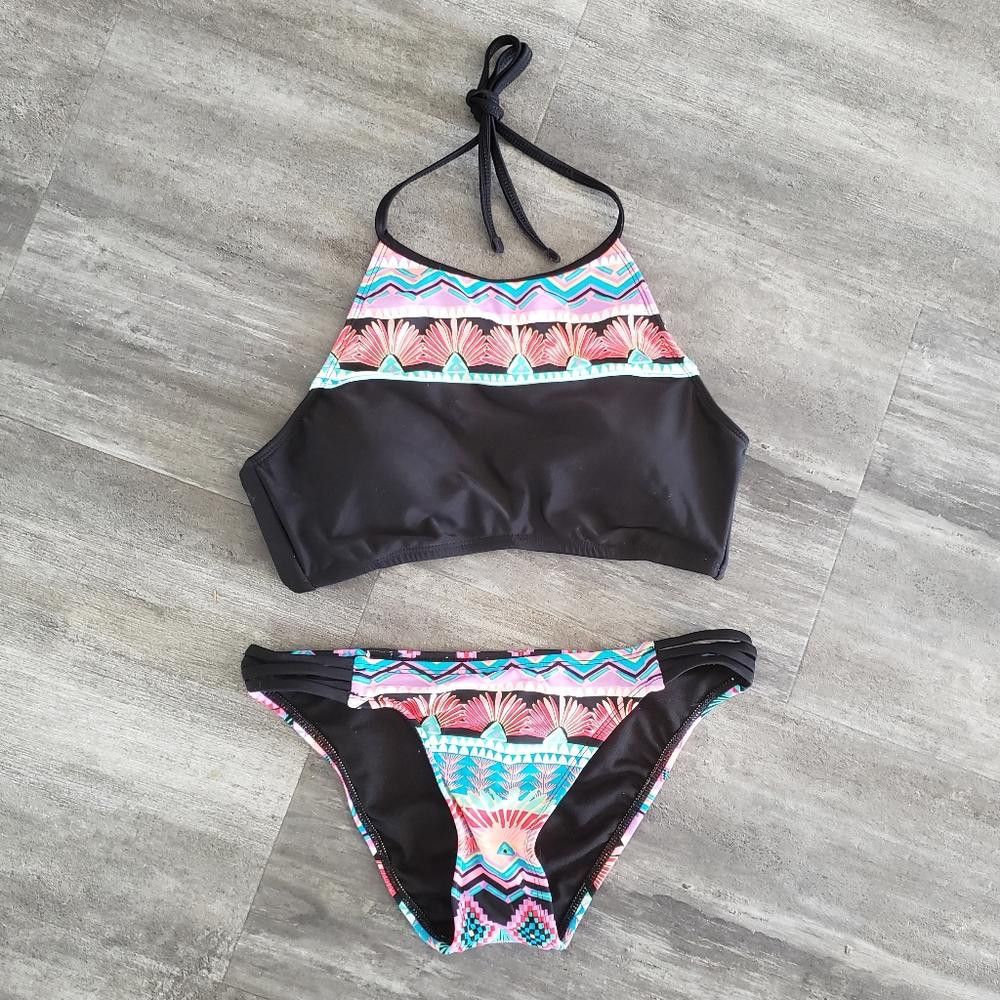 Homies Black Multicolored Hobie High Neck Bikini Set Size ONE SIZE - 1 Thumbnail