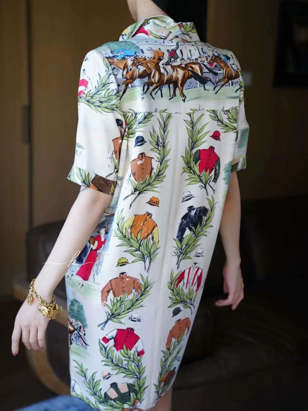 Hermes Hermes Vintage Equestrian Print Silk Shirt Dress (White, 36) Size XS / US 0-2 / IT 36-38 - 8 Thumbnail