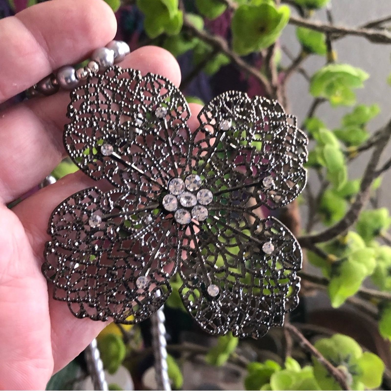 Handmade Handcrafted repurpose large filigree floral Pearl necklace Size ONE SIZE - 2 Thumbnail