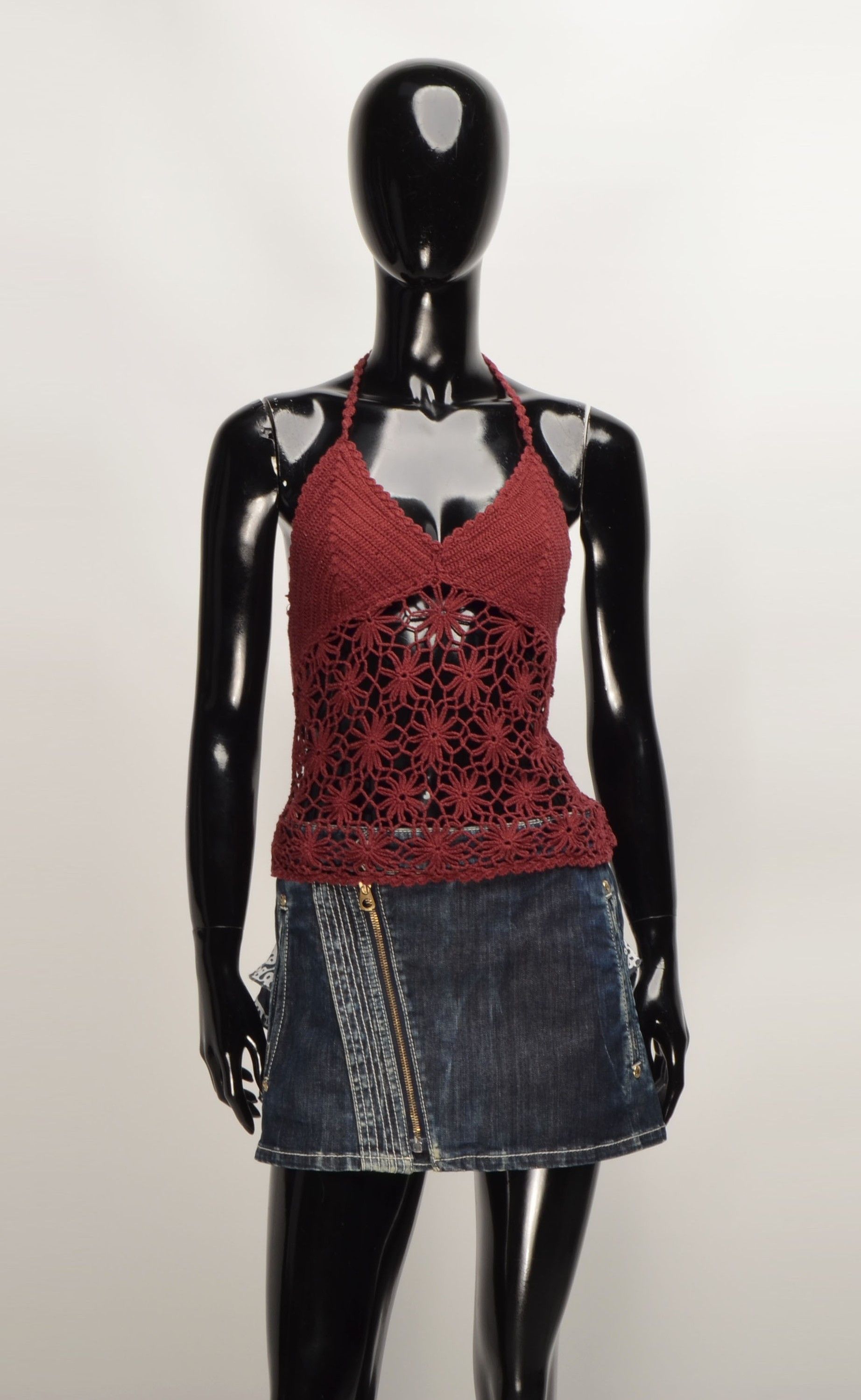 Designer Vintage Yes or No Y2K Crochet Knit Fairy Boho Halter Top Size M / US 6-8 / IT 42-44 - 1 Thumbnail