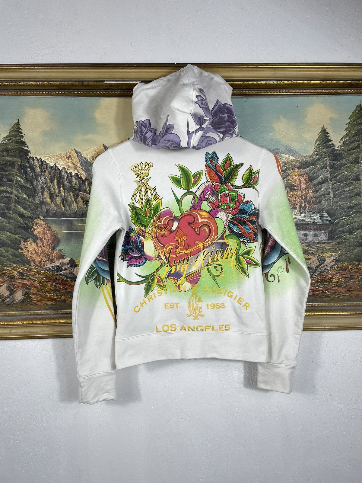 Christian Audigier × Ed Hardy × Vintage Ed Hardy Retro 00s Hoodie With Crystals Affliction Grunge Size US XXS / EU 40 - 2 Thumbnail