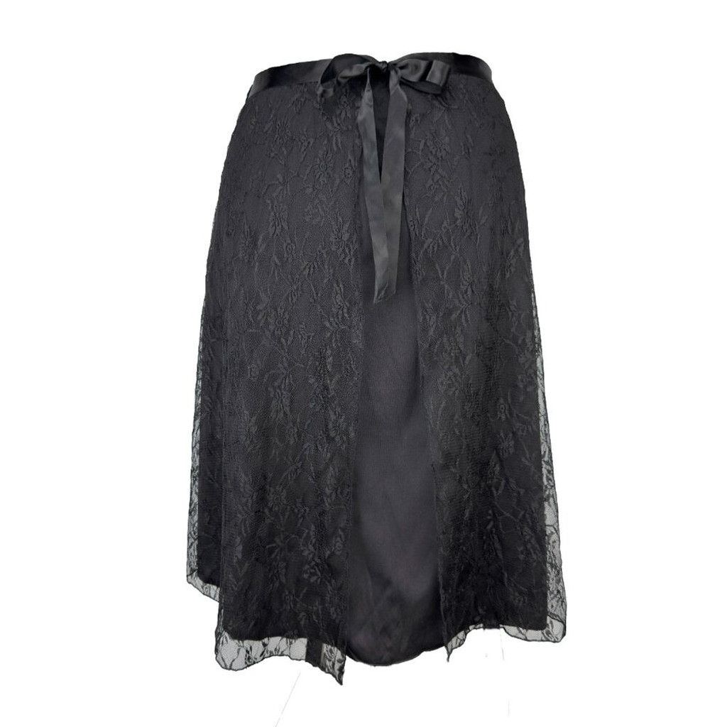 Mickey Mouse MIKK Whimsigoth Satin Ribbon Waist Lace Black Midi Skirt M Size 42" / US 20 - 1 Thumbnail