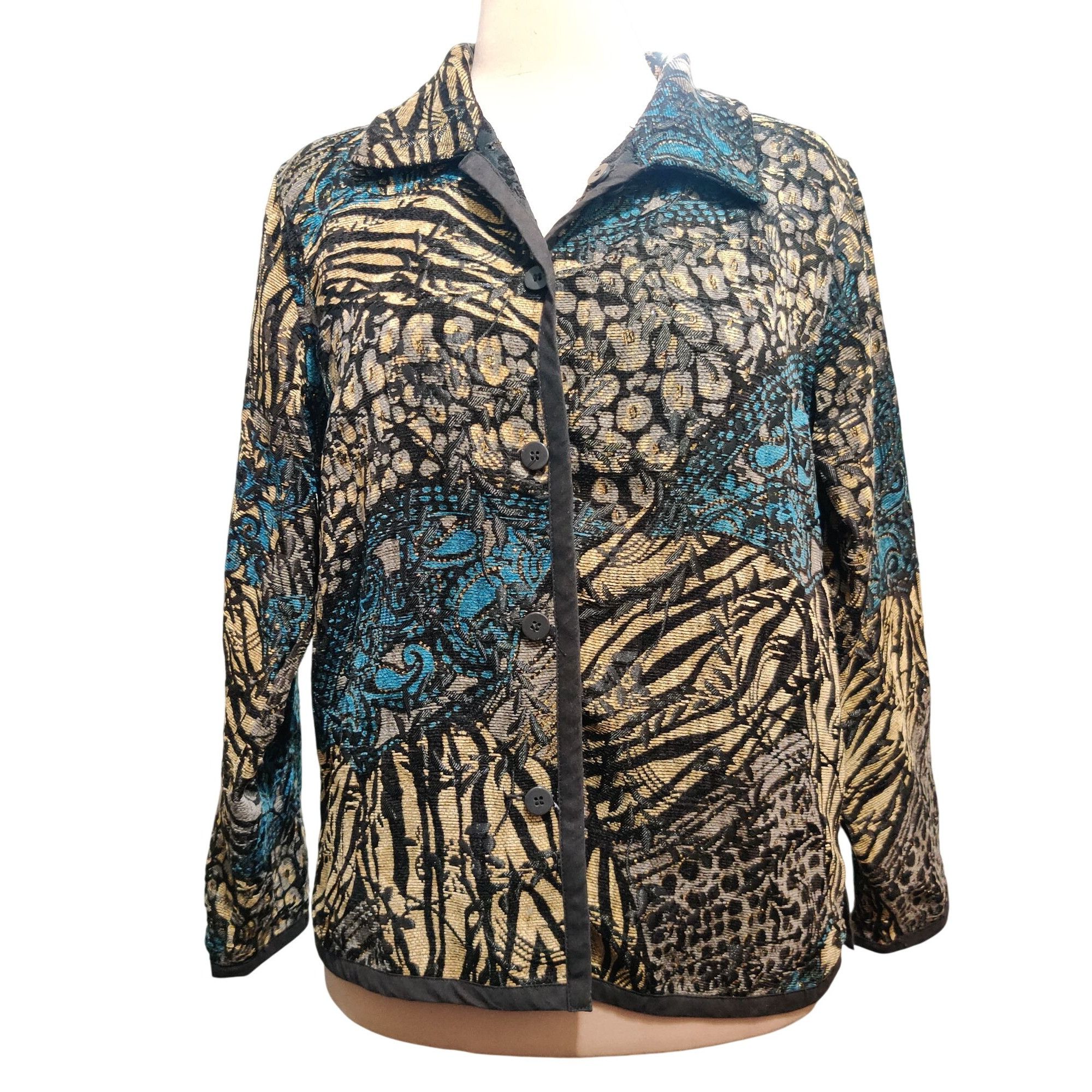Vintage Womens L Jacket Reversible Jacquard Brocade Black Gold Blue Size L / US 10 / IT 46 - 1 Thumbnail