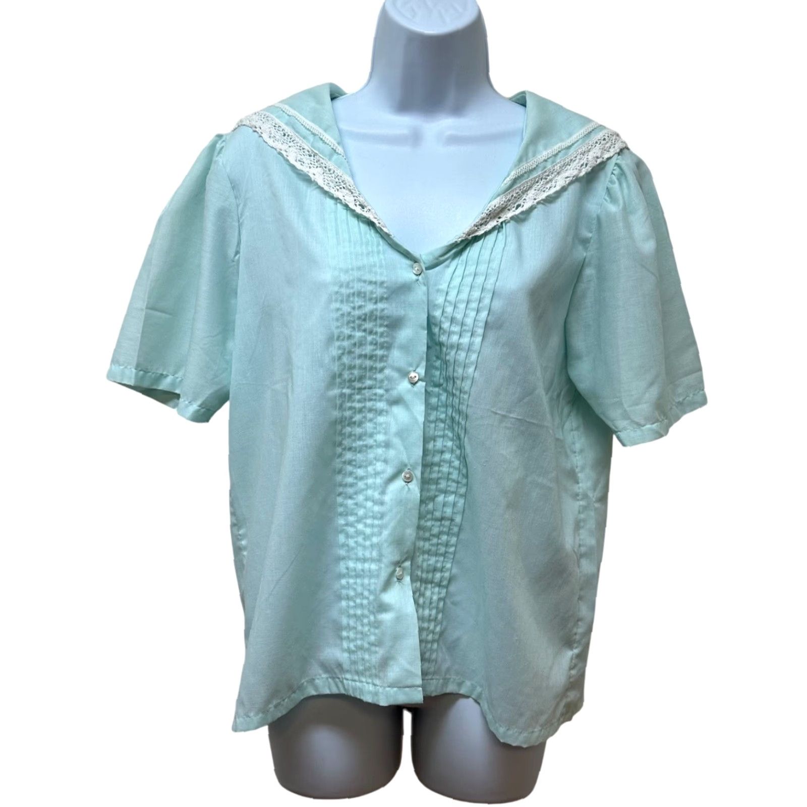 Vintage VINTAGE Cheryl Tiegs Pajama Top Sailor Lace Pin Tuck Made in USA Size 14 XL Blue Cotton Blend Hollywood Glamour Shirt Womens Size XL / US 12-14 / IT 48-50 - 2 Thumbnail