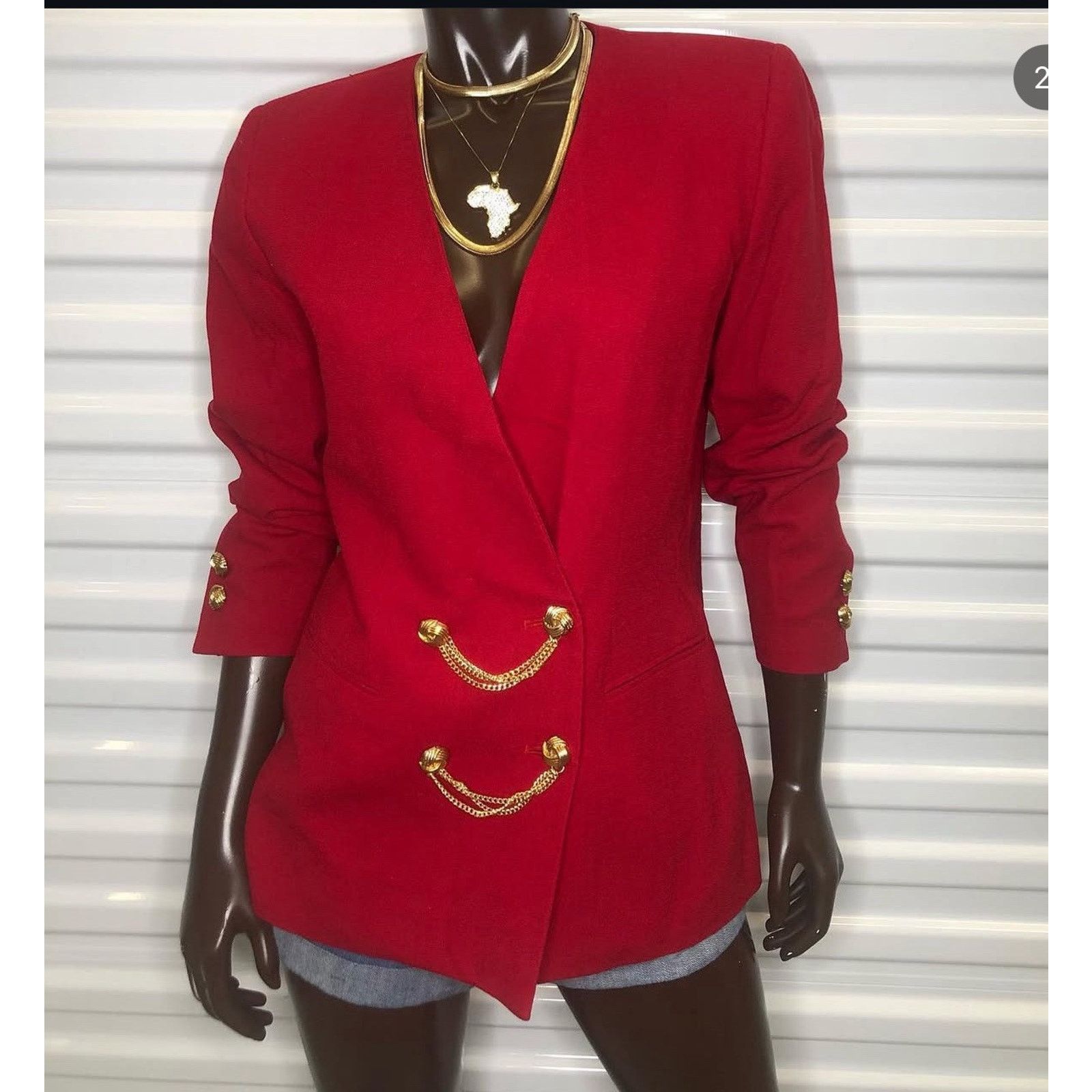 Vintage VTG Kasper Red V Neck Blazer Jacket Gold Chain Buttons 10 Size L / US 10 / IT 46 - 1 Thumbnail