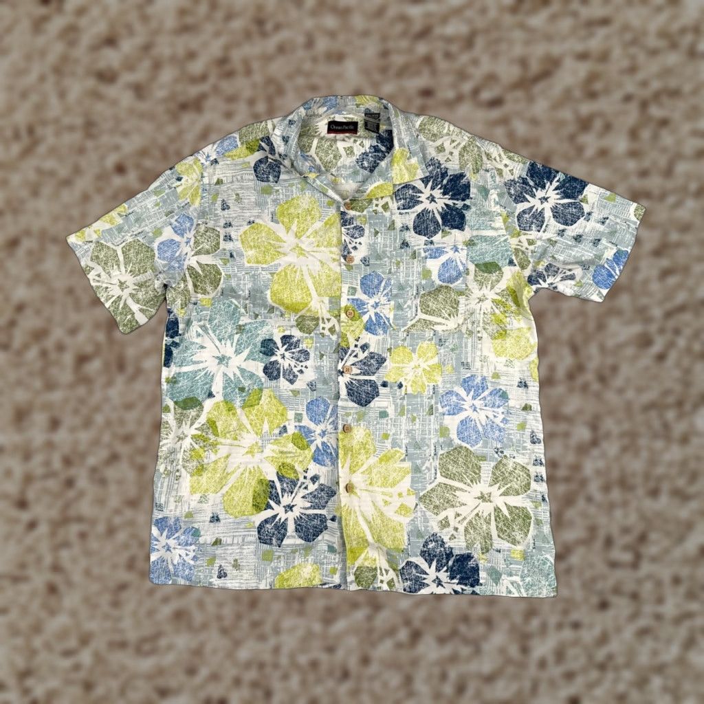 Ocean Pacific Ocean Pacific Button-Up Shirt Men 2XL Floral Hawaiian Blue Green Rayon Viscose Short Sleeve 100% Rayon Reversible Breathable Pockets Surf Beach Aloha Size US XXL / EU 58 / 5 - 1 Thumbnail