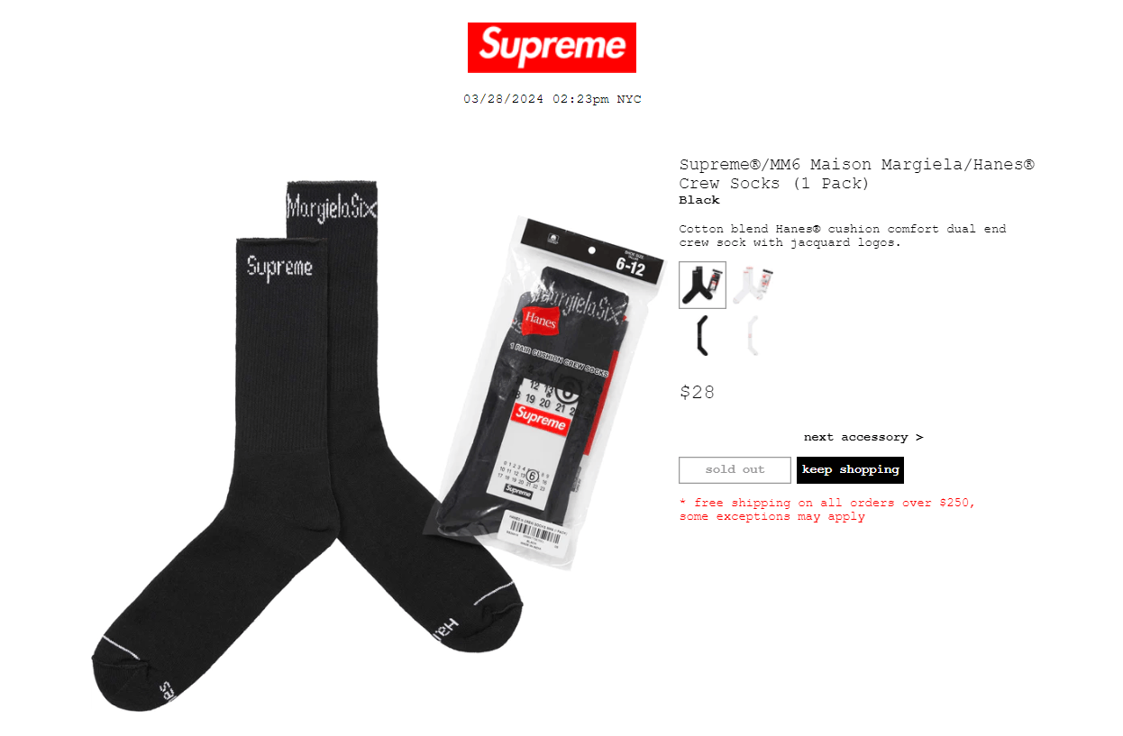 Supreme Supreme x MM6 Maison Margiela x Hanes Crew Socks - OS 