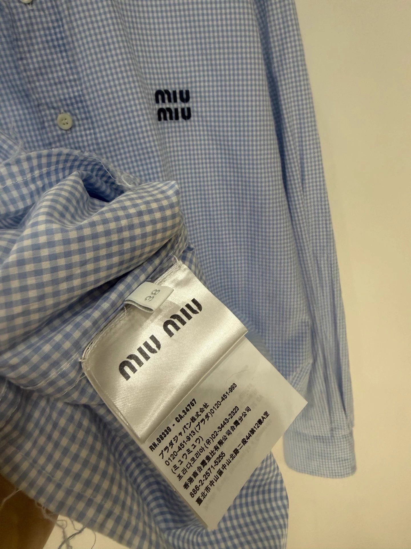 Miu Miu MIU MIU Women's Light Blue Check Logo Shirt 38 Mint Size S / US 4 / IT 40 - 3 Thumbnail
