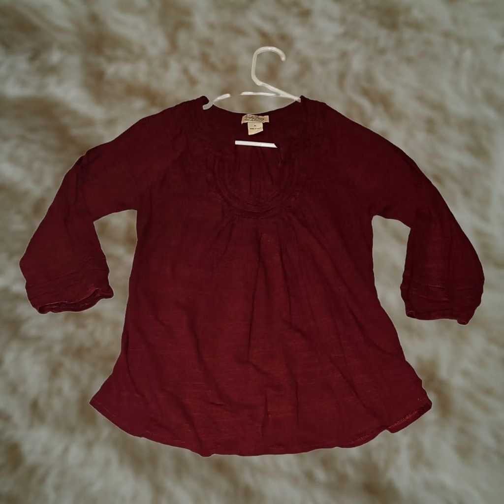Lucky Brand Lucky Brand Blouse M Juniors 3/4 Sleeve Boat Neck Red Cotton Viscose Casual Preppy 90s Womens Size M / US 6-8 / IT 42-44 - 1 Thumbnail