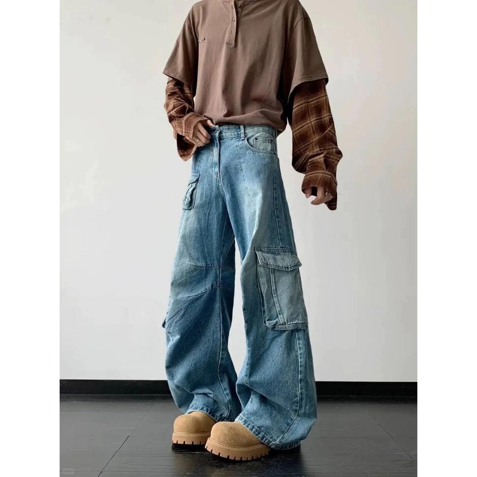 Japanese Brand Light Blue Baggy Cargo Jeans, Wide Leg Denim Pants Size US 32 / EU 48 - 9 Thumbnail