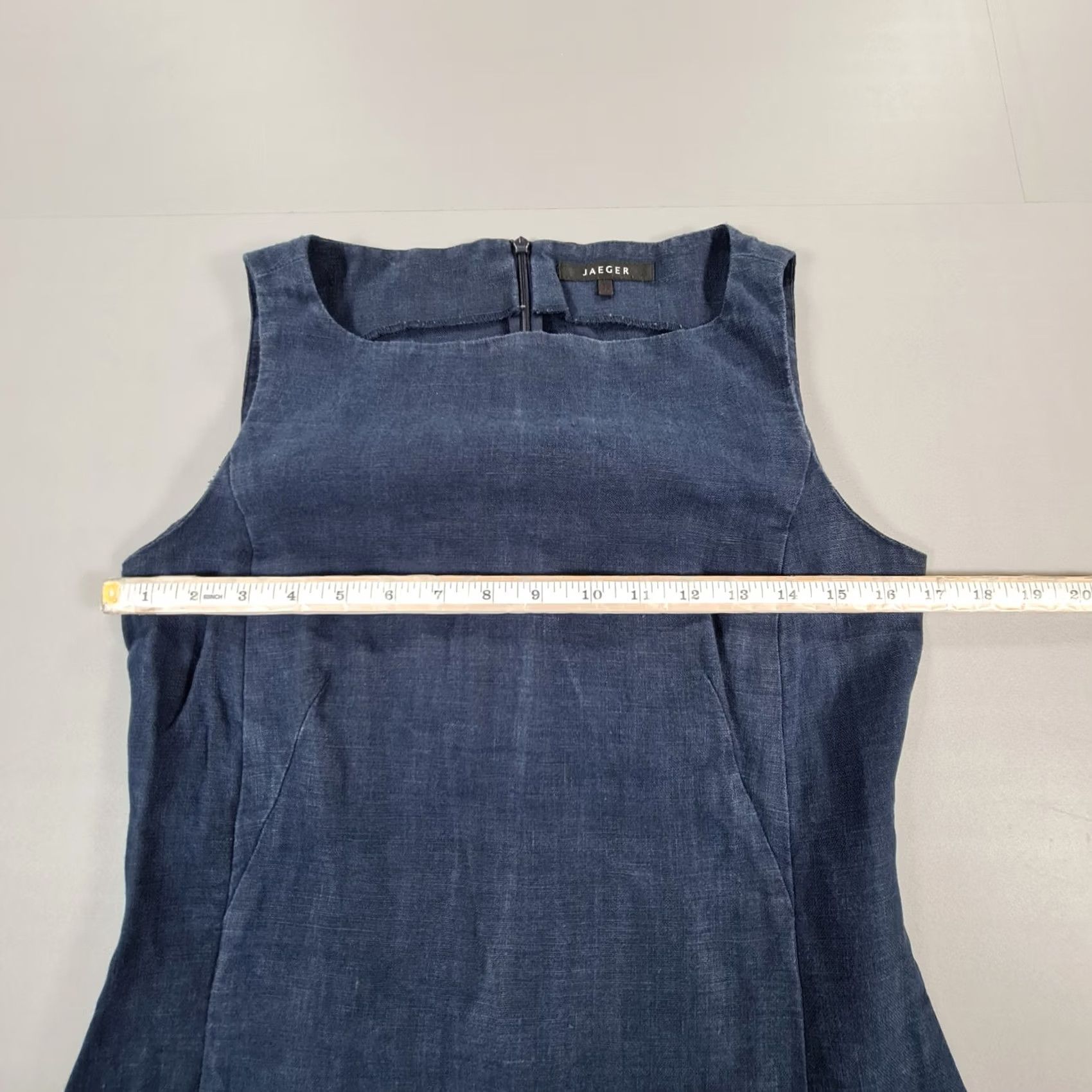 Jaeger Jaeger Navy Blue Knee Length Linen Dress 100% Linen Zip Sleeveless Square Neck Womens dress Summer Casual 10 UK Size L / US 10 / IT 46 - 4 Thumbnail