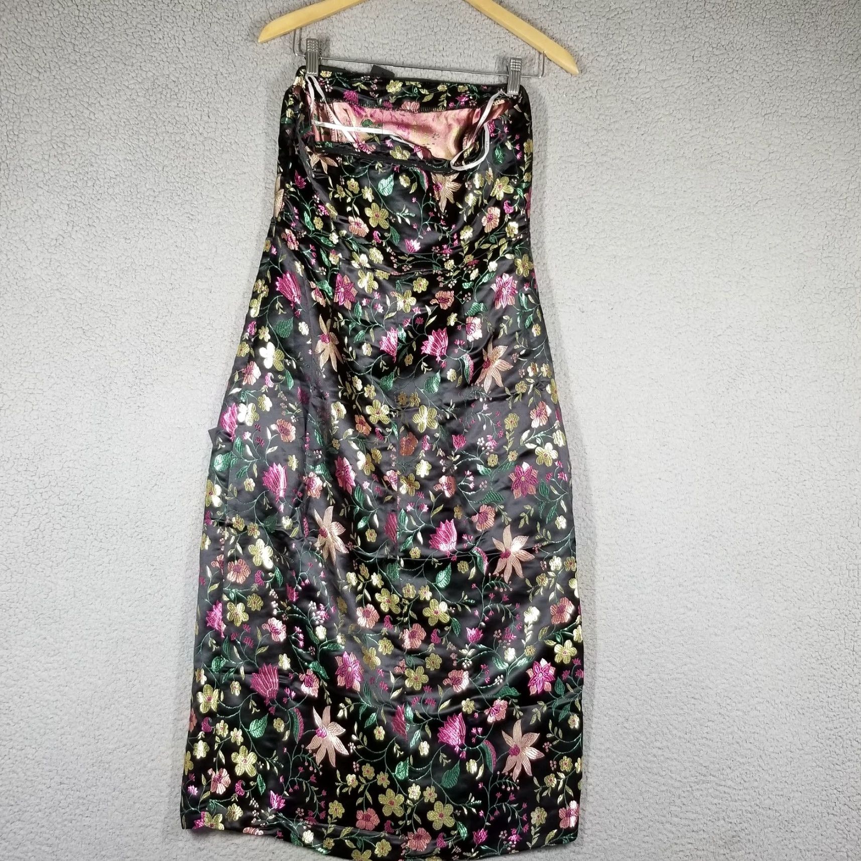 Lulus Make a Move Black Satin Floral Jacquard Strapless Midi Dress NWT Medium