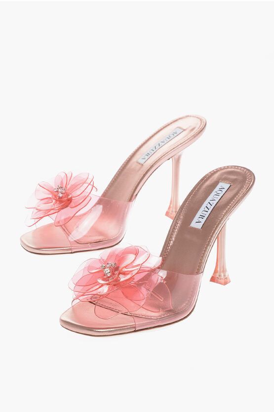 image of Aquazzura Metallic Leather And Pvc Sandals With Flower Detail in Pink, Women's (Size 8)