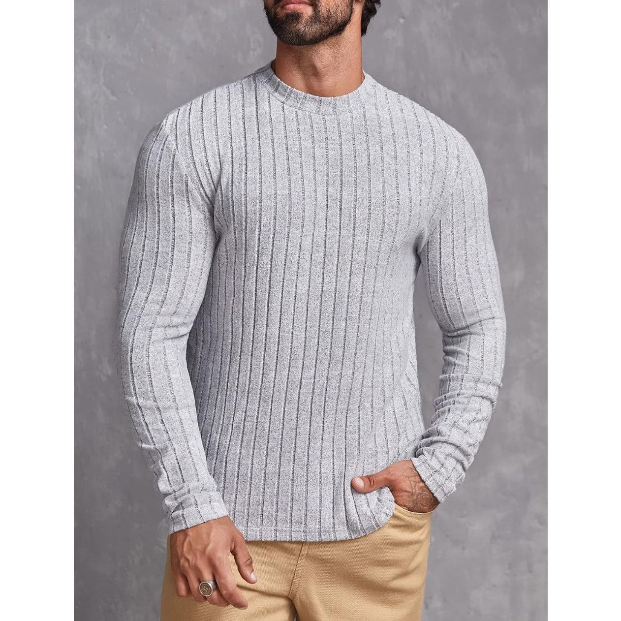 The Unbranded Brand Size Large Men Mock Neck Ribbed Knit shirt gray Size US L / EU 52-54 / 3 - 2 Thumbnail