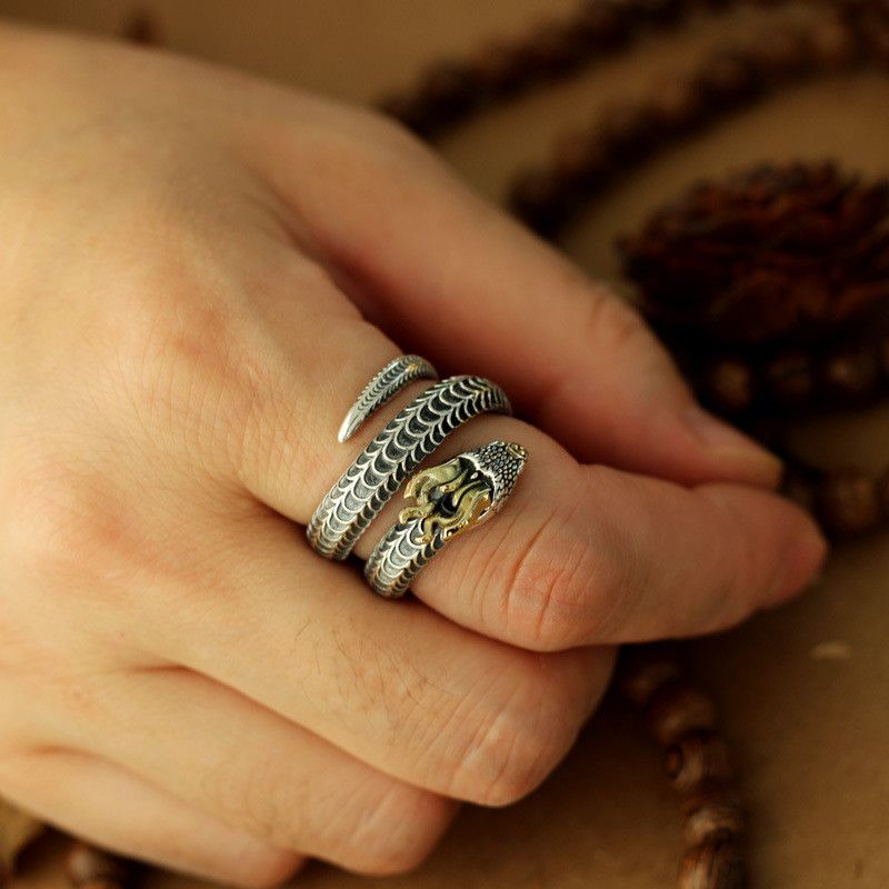 Vintage Resizable 925 Sterling Silver Unique Horned Snake Ring Size ONE SIZE - 8 Thumbnail