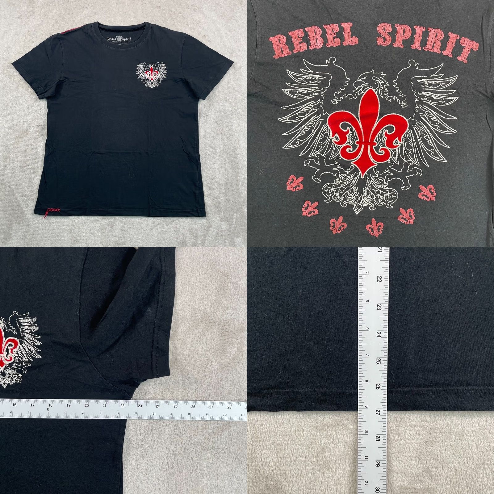ESPIRIT VINTAGE Rebel Spirit T-Shirt Men XL Black Fleur De Lis Embroidered Applique Short Sleeve Crew Neck Graphic Print Size US XL / EU 56 / 4 - 8 Thumbnail