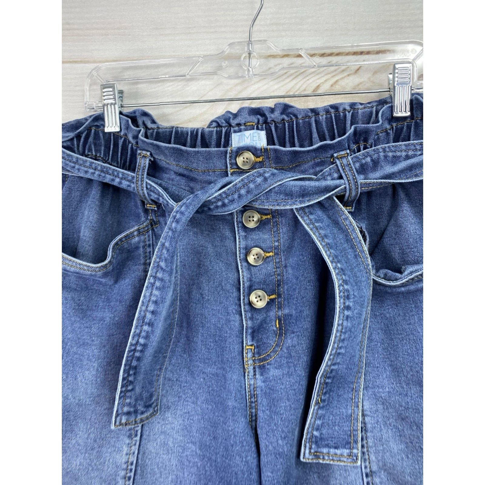 Vintage Time And Tru Jeans Womens 12 High Rise Button Fly Distressed Belted Paperbag Denim Blue Cotton Blend Spandex Skinny 5-Pocket Womens Size 34" / US 12 / IT 48 - 2 Thumbnail