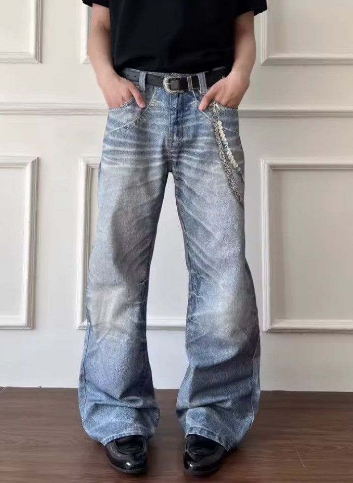 Jean Cyber Y2K Streetwear 3D Printed Washed Blue Size US 29 - 6 Thumbnail