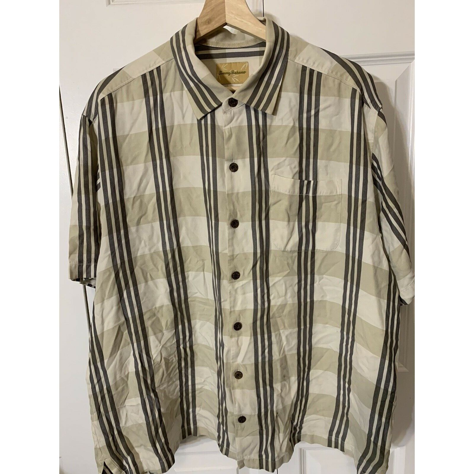 Tommy Bahama TOMMY BAHAMA Mens Sz XL Tan Plaid Silk/Cotton Short Sleeve B Size US XL / EU 56 / 4 - 5 Thumbnail