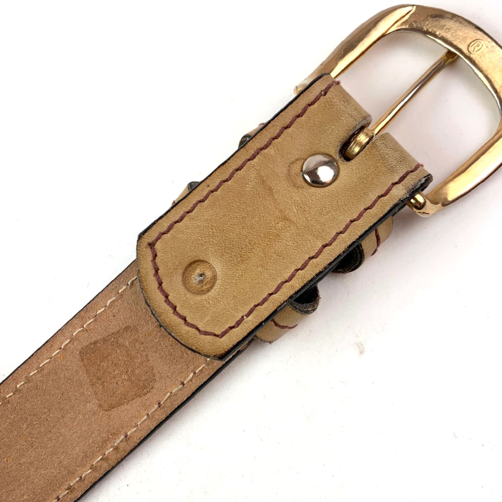 Vintage VINTAGE Potter's Dry Goods Men's Tan Leather Belt 1.5" Buckle Size 36 Cowhide Leather Belt Gold Buckle Mens Size 36 - 6 Thumbnail
