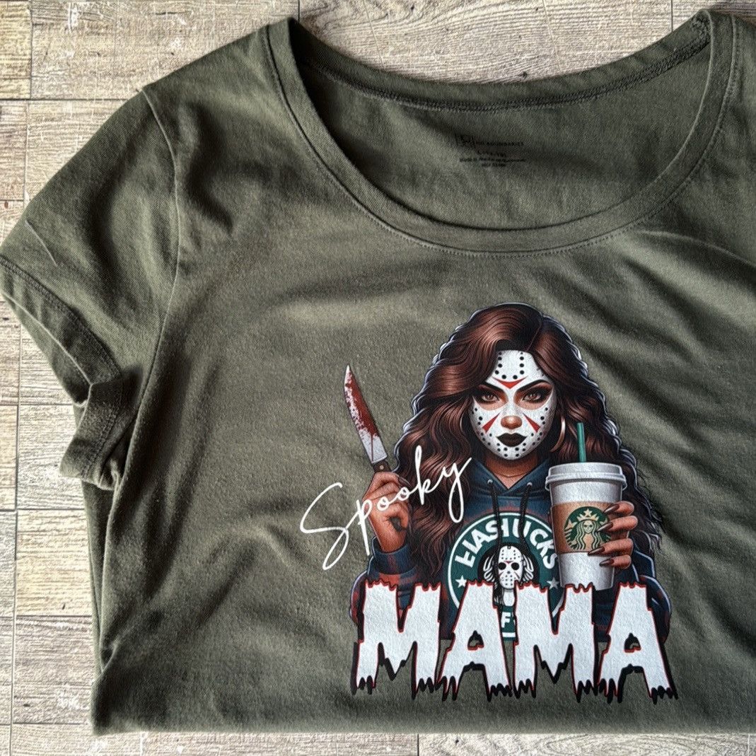 Vintage Spooky Mama, Coffee & Halloween Theme, Retro Fitted Tee Size L / US 10 / IT 46 - 8 Thumbnail