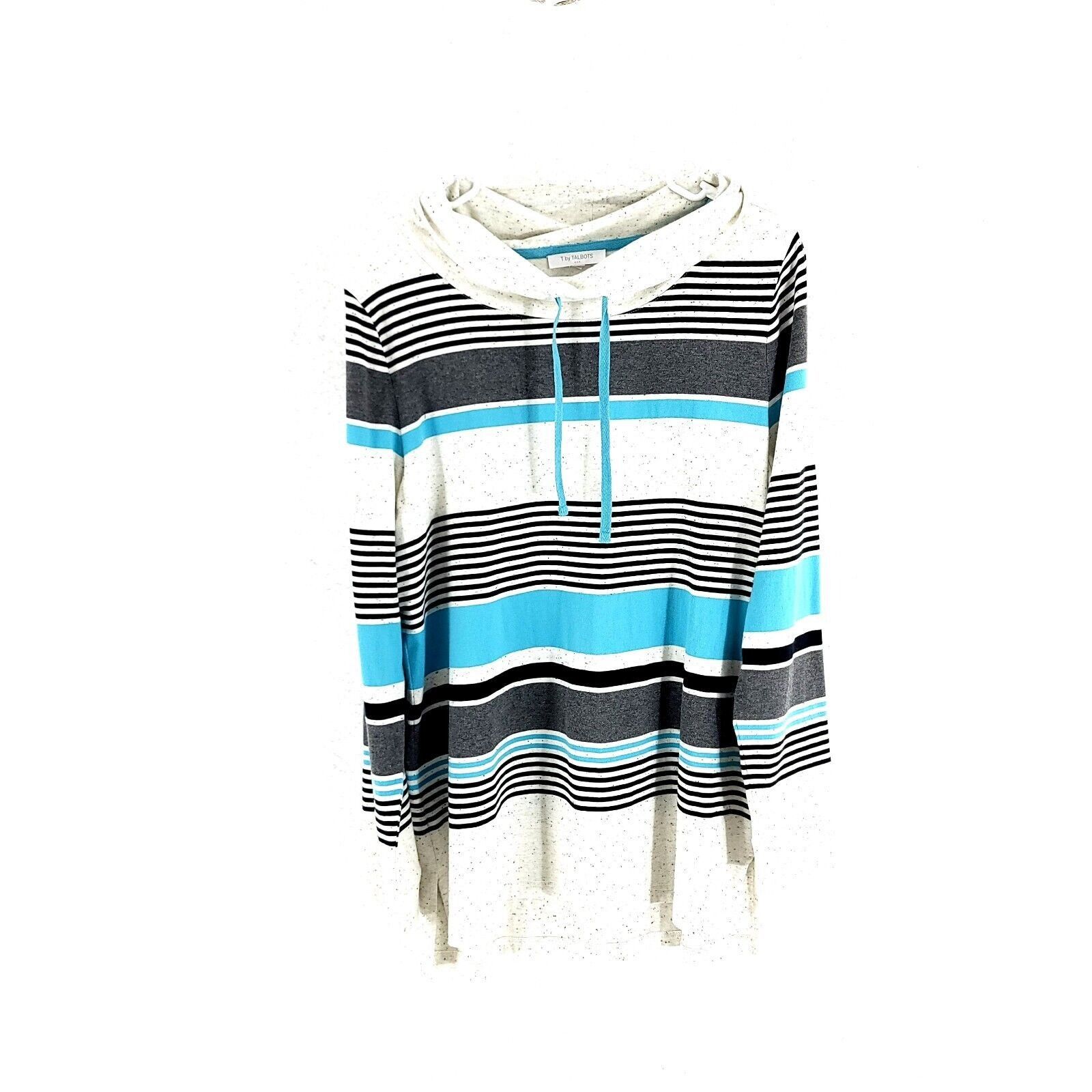 Talbots T By Talbots Gray Cream Blue Striped Pullover Cowl Sweater L Size L / US 10 / IT 46 - 1 Thumbnail