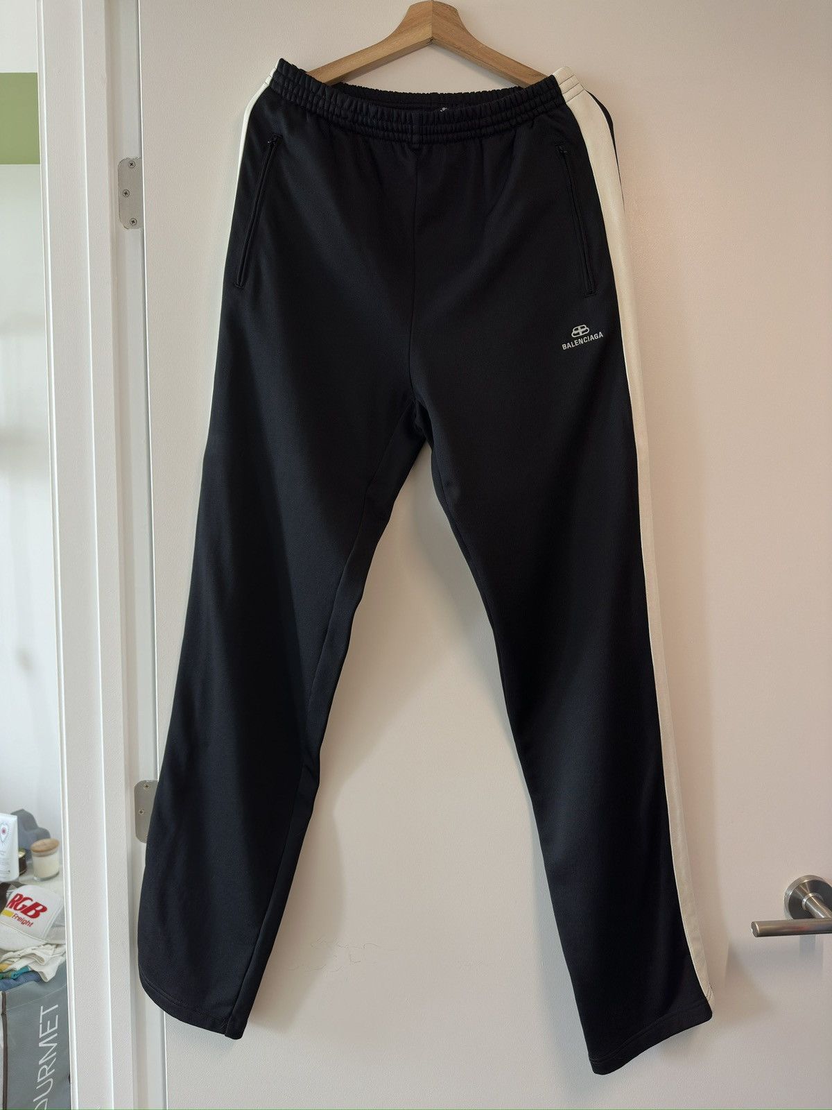 image of Balenciaga Ss20 Bb Lock Logo Track Pants With Side Stripe in Black, Men's (Size 35)